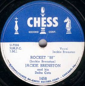 Close up photo of the retro green Chess Records vinyl label for Rocket 88 by Jackie Brenston and his Delta Cats