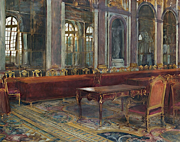 A moody, impressionistic oil sketch of a long, empty banquet table. The setting is a grand, high-ceilinged hall lined with tall arched mirrors. A long table draped in white cloth is lined with rows of empty wooden chairs set against the mirrored wall. A single smaller table and chair sit isolated in the dim foreground, lit by soft, golden light filtering through the room.