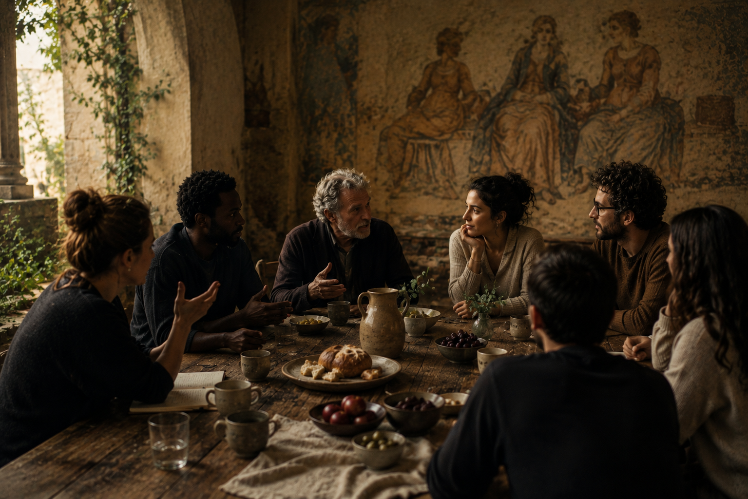 A diverse group engaged in a Resetting the Table dialogue session around a rustic wooden table, sitting in front of a weathered ancient mural.