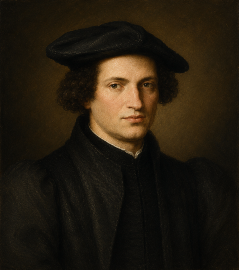 A Renaissance-style portrait image of Symphorien Champier shown from the chest up against a dark, solid brown background. The light-skinned man faces forward with dark, voluminous curly hair peeking out from under a flat black brimmed hat angled slightly to the left. He wears a heavy, high-collared black tunic or doublet that meets at a sliver of a white undershirt at his neck. His expression is somber and direct, with prominent dark eyes, a sharp nose, and closed lips.
