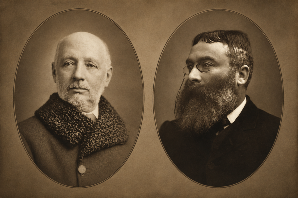 Diptych of sepia-toned oval photographic portraits from the late 19th century. On the left, Richard Copley Christie faces slightly right, shown from the chest up with a white beard, short-cropped hair, and a dark wool coat with a thick, textured collar. On the right, Sir Walter Besant is pictured in profile facing left from the chest up, showcasing a dense, dark-grey beard, round spectacles, a monocle cord draped down his cheek, and a dark formal suit jacket with a tie.
