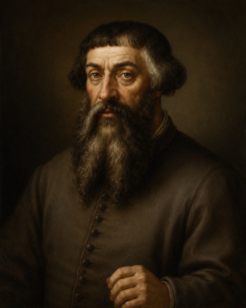 A Renaissance-style portrait image of Étienne Dolet shown from the chest up against a dark, plain brown backdrop. The light-skinned man faces slightly left with a serious, intense expression. He has short, dark brown hair cut straight across his forehead and a dense, long, flowing beard streaked with grey. He wears a simple, modest dark brown doublet with a row of small cloth buttons running down the center, revealing a hint of a white shirt collar underneath. His right hand is slightly raised and clenched loosely near the bottom center of the frame.