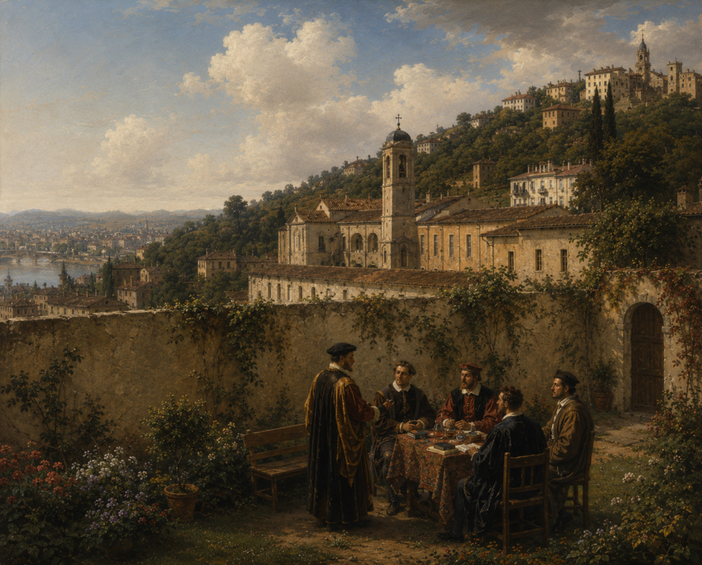 An oil painting depicting five men in 16th-century Renaissance attire gathered in a stone-walled courtyard garden on a hillside. One man stands on the left in a long, gold-and-black trimmed robe, gesturing toward four men seated around a table draped in an ornate, reddish patterned cloth with books and papers scattered on top. Behind the stone wall, a large white monastery or church complex with a prominent bell tower rises up the lush green slope of a hill. Further up, white stucco buildings climb toward the crest of the hill, while a sweeping city panorama, a wide river, and distant hills unfold under a partly cloudy sky to the far left.