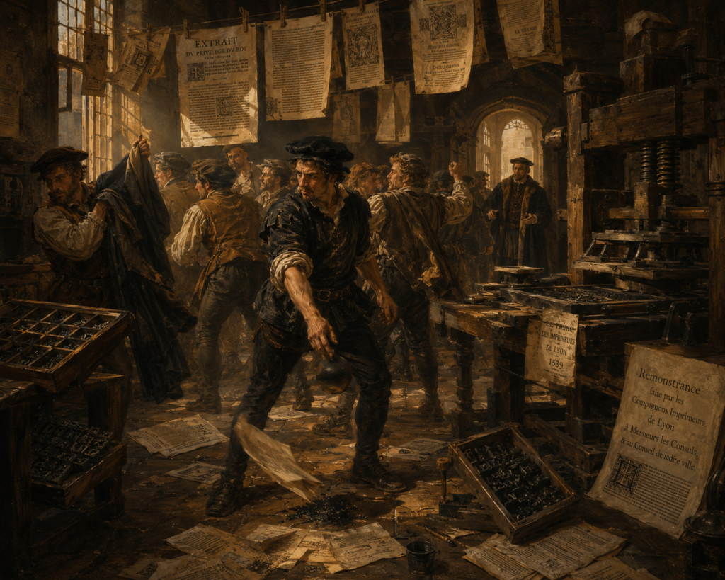 Rebellion in the Workshop: An intimate, gritty depiction of Le Grand Tric, capturing the physical defiance of the compagnons as they confront a master printer (background right) and organize the distribution of their radical printed Remonstrances across 1539 Lyon.