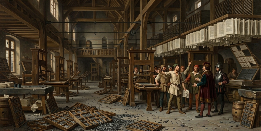 A wide image depicting a chaotic scene inside a massive Renaissance-era printing workshop with high wooden rafters. In the foreground, numerous wooden type cases lie overturned on the stone floor, scattering thousands of metal type pieces across the ground. On the right, a tense confrontation unfolds between a group of working-class printers in simple shirts and caps and a wealthy merchant or official dressed in a luxurious crimson velvet robe, fur hat, and dark stockings. A soldier in metal armor stands guard beside the official. In the background, rows of massive wooden printing presses stand idle, while countless printed pages hang on lines across the upper level of the workshop to dry under light filtering in from high windows.