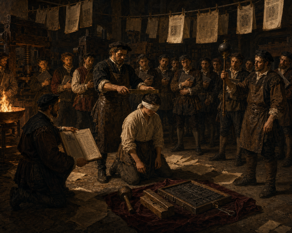 A dark, dramatic image depicting a secret 16th-century printing fraternity initiation ceremony. In a shadowy print workshop where printed broadsides hang from overhead lines, a young initiate in a white shirt and dark apron kneels blindfolded in the center. An older master printer in a stained leather apron stands directly over him, holding a rectangular tool flat above his head. On the left, another member kneels, holding open a large ledger book with readable text columns. To the right, a printer holds a tall ceremonial staff topped with a spherical metal head. A dense semi-circle of serious journeyman printers in period working attire fills the background, many holding small wooden books or blocks against their chests. In the foreground on the stone floor, a printing galley filled with set type rests on a dark red cloth next to a mallet.