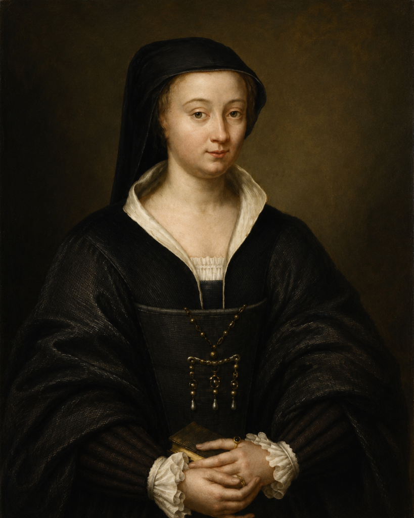 A half-length Renaissance-style portrait image of Marie-Catherine de Pierrevive set against a dark, muted brown background. The fair-skinned woman is depicted facing slightly left with a serene expression and wide, dark eyes. She wears a black gabled hood or veil over her hair and an elegant black gown featuring structured, wide shoulders and pleated sleeves with ruffled white cuffs. Her square-neck bodice reveals a white, pleated chemise and a high, wide collar framing her neck. Her hands are gently clasped in front of her waist, resting on a small, gold-edged book, with a delicate gold chain necklace with pearl pendants hanging down her bodice.