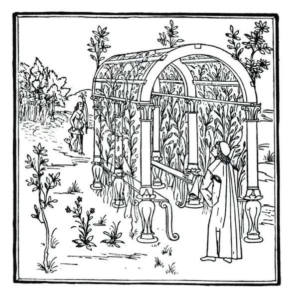 A minimalist black-and-white Renaissance woodcut illustration enclosed in a square border. In the foreground, Poliphilo stands with his back to the viewer, wearing a long robe and a small cap, looking up toward a large, classical arched garden trellis or arbor overgrown with leafy vines. In the background to the left, a path curves past a woman walking away from the trellis, while a small group of figures stands gathered near a cluster of trees in the far distance.