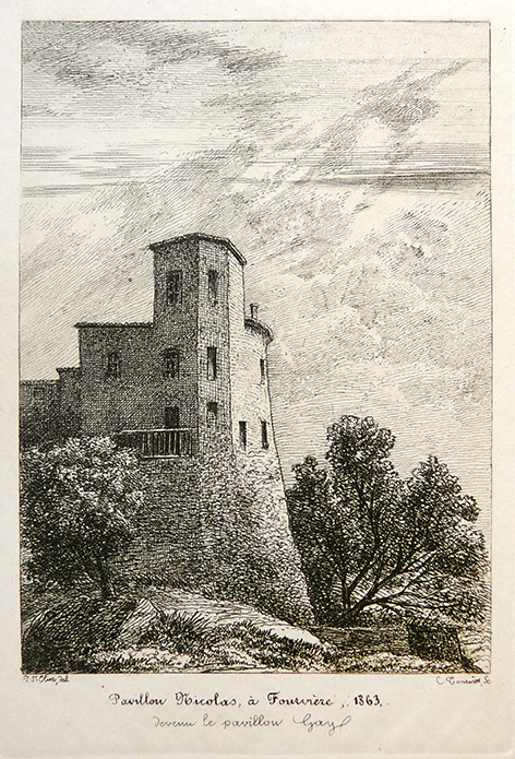 A detailed 1863 fine-art etching of the historic Pavillon Nicolas at Fourvière under a dynamic, heavily lined sky. The stone masonry building is built directly into a steep, soaring hillside embankment, giving it a tower-like appearance. It features a tall, square central tower with small rectangular windows and a viewing balcony jutting out over the precipice. Lush, mature trees frame the base of the stone rampart to the right and left, and hand-written French script is visible along the bottom white margin of the print.