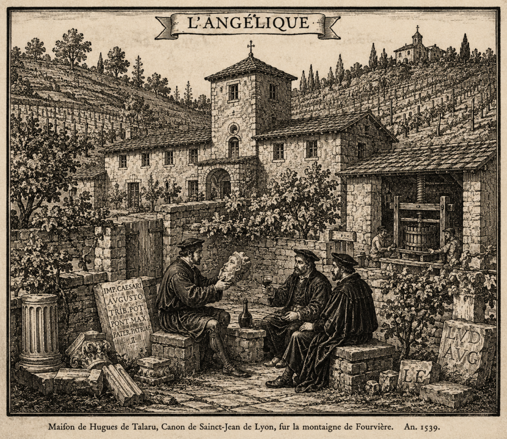 A monochrome Renaissance-style woodcut illustration depicting "L'Angélique," a rustic stone country estate built into a steep hillside covered in vineyards. The main house features a prominent central square tower topped with a small cross. On the right, a large wooden wine press stands in an open shed. In the foreground courtyard, three men in 16th-century humanist robes sit on stone blocks. One man holds up a classical Roman marble bust, while the other two drink wine and listen. Scattered around the courtyard and embedded in the low stone walls are ancient Roman artifacts, including a broken fluted column and stone blocks carved with Latin inscriptions. A decorative banner at the top reads "L'ANGÉLIQUE," and French text runs along the bottom margin.