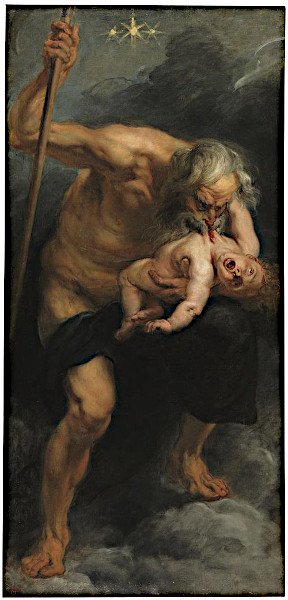 A dramatic Baroque oil painting by Peter Paul Rubens depicting a muscular, bearded elderly man representing Saturn, holding a tall wooden staff while brutally biting into the chest of a crying infant baby, set against a dark, stormy sky with three brilliant stars shining in a tight alignment at the very top.