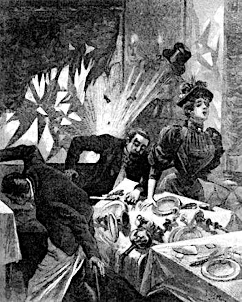 A vintage 19th-century black and white news magazine engraving capturing the chaotic immediate aftermath of a bomb explosion inside a restaurant, showing shattered glass windows, an upset table with plates, panicking diners ducking for cover, and a woman in a high-society dress looking on in terror.