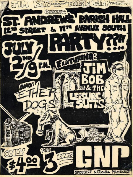 A black-and-white, hand-drawn underground punk gig flyer features stylized illustrations and bold, bubble-style lettering. The top of the flyer announces a "PARTY??!!!" presented by "Jim Bob in conjunction with Tragic City Productions" at "St. Andrew's Parish Hall" located at "12th Street & 11th Avenue South" on "July 2nd" at "9 P.M." The lineup highlights "Jim Bob & the Leisure Suits" alongside "Ether Dogs" and "special guest GNP Grossest National Product." The lower portion displays comic-style illustrations including a boombox, a dog wearing a gas mask, a clothing rack holding jackets, and a cool-looking man in a jacket and sunglasses. The bottom left notes an admission price of "Only $4.00 for 3 bands.