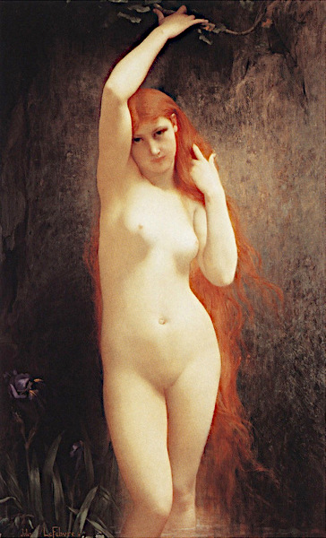 A classical oil painting of a nude female water nymph with long, flowing vibrant red hair standing in a dark, shaded natural pool of water against a rocky background, with purple iris flowers blooming at her feet.