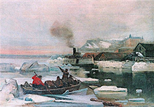 An impressionistic oil painting depicting a winter scene in Canada, showing a small wooden canoe filled with four men navigating through large blocks of floating river ice, while a steam ferry boat billows dark smoke in the background near a snowy shoreline with a prominent fortress hotel on the distant cliff.