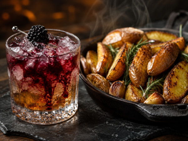 A close-up food photograph of a crystal rocks glass filled with an amber rye whiskey cocktail topped with a dark red blackberry liqueur bleeding into crushed ice and a fresh blackberry garnish, sitting next to a hot, steaming cast-iron skillet filled with crispy roasted fingerling potatoes, whole garlic cloves, and fresh rosemary sprigs on a black slate surface.