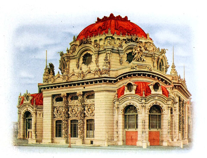 A vintage color postcard illustration of the Temple of Music from the 1901 Pan-American Exposition, displaying an ornate Beaux-Arts architectural design with intricate cream-colored stone carvings, arched windows, and a prominent, vibrant red dome at the top.